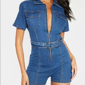 Mid Wash Zip Front Belted Hot Pants Romper